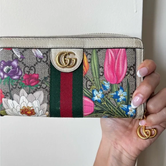 Gucci Cream and Green Floral Print Wallet